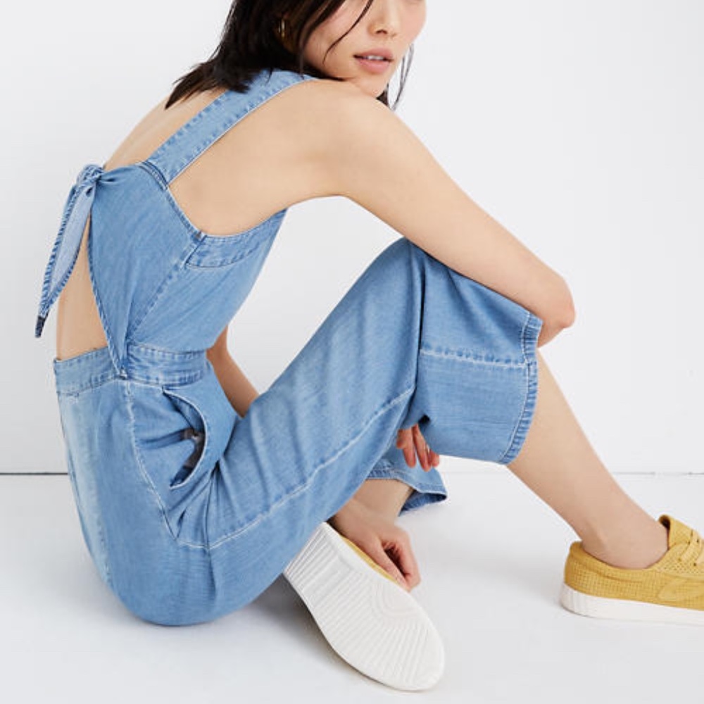 Apron Bow-Back Denim Jumpsuit (Rhonda Wash)